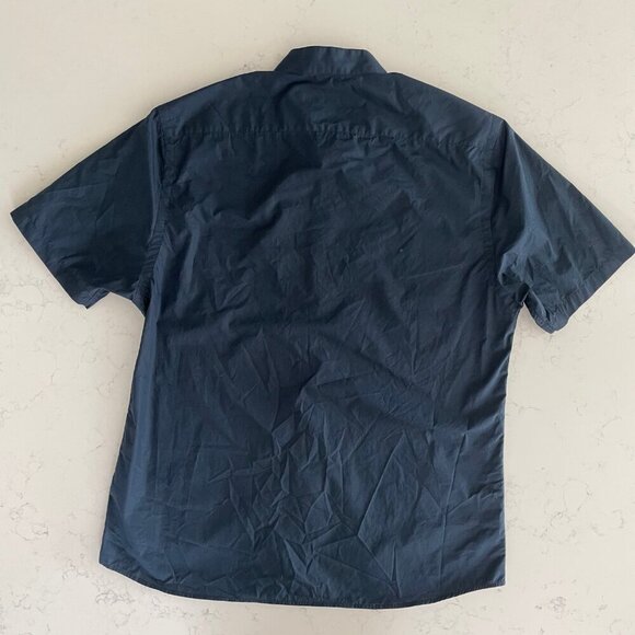 Shanghai Tang Designer SS Button Down Mandarin Collar Cotton Shirt Navy Blue L - Picture 5 of 12